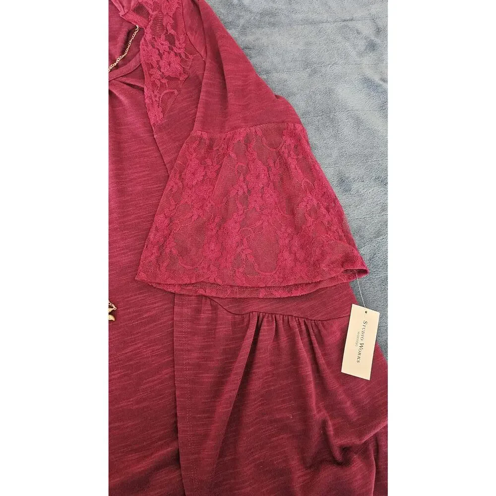 Studio Works Women's Lace Detail Wine Glace Cardigan & Necklace Set - Size 1X